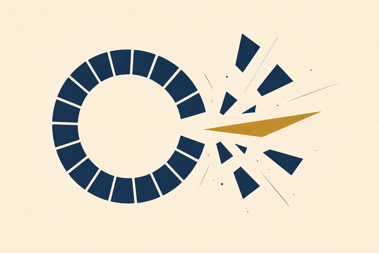 A fractured navy ring loses one brass shard, breaking apparent agreement.