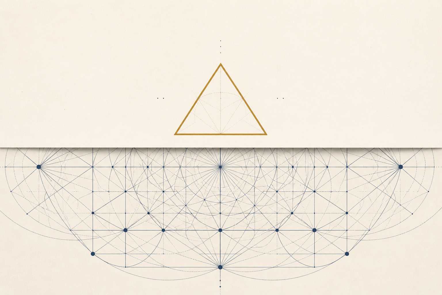 A small visible pyramid sits above paper while a much wider operating lattice extends beneath it.