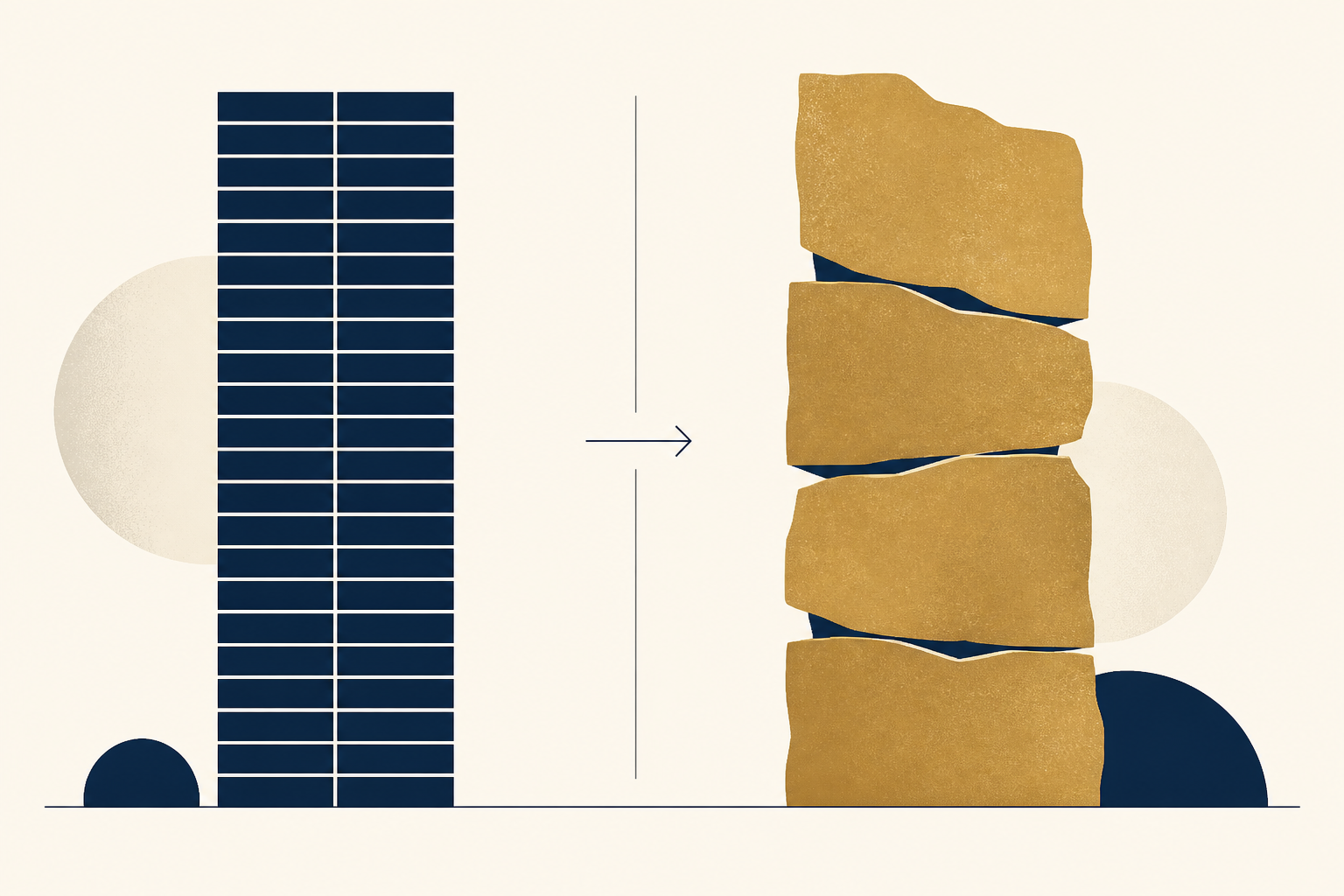 Many uniform work units become fewer, larger, and more irregular blocks after automation.