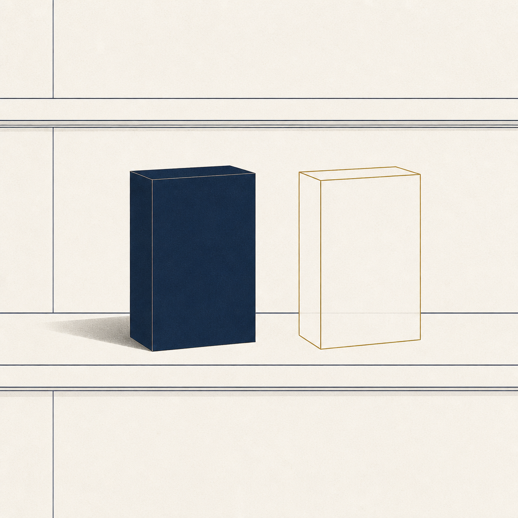 A product exists as a brass inventory outline but casts no shadow beside a real product on the shelf.