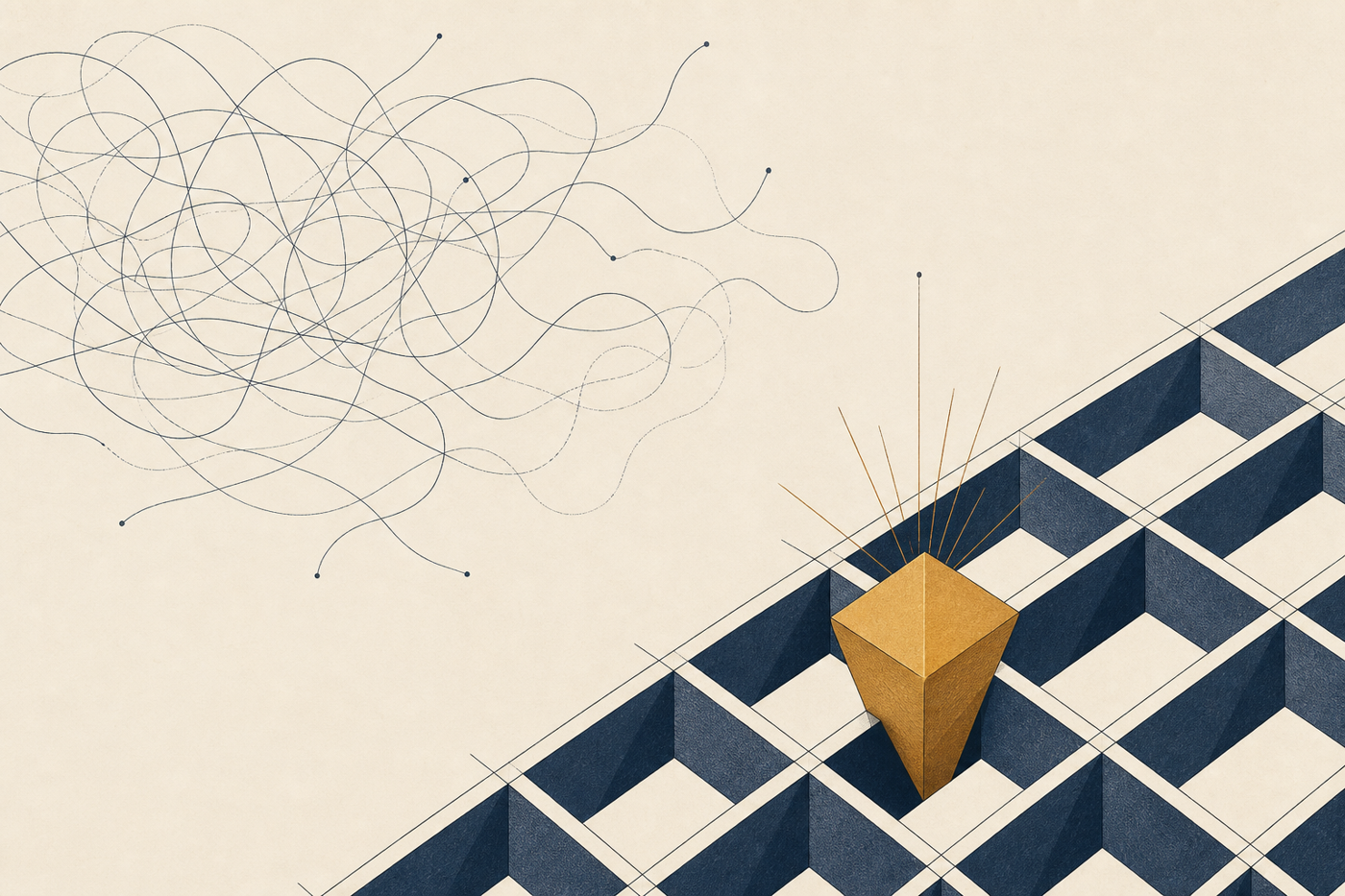 A precise brass decision form locks into a navy framework while unformed prompt threads drift behind it.