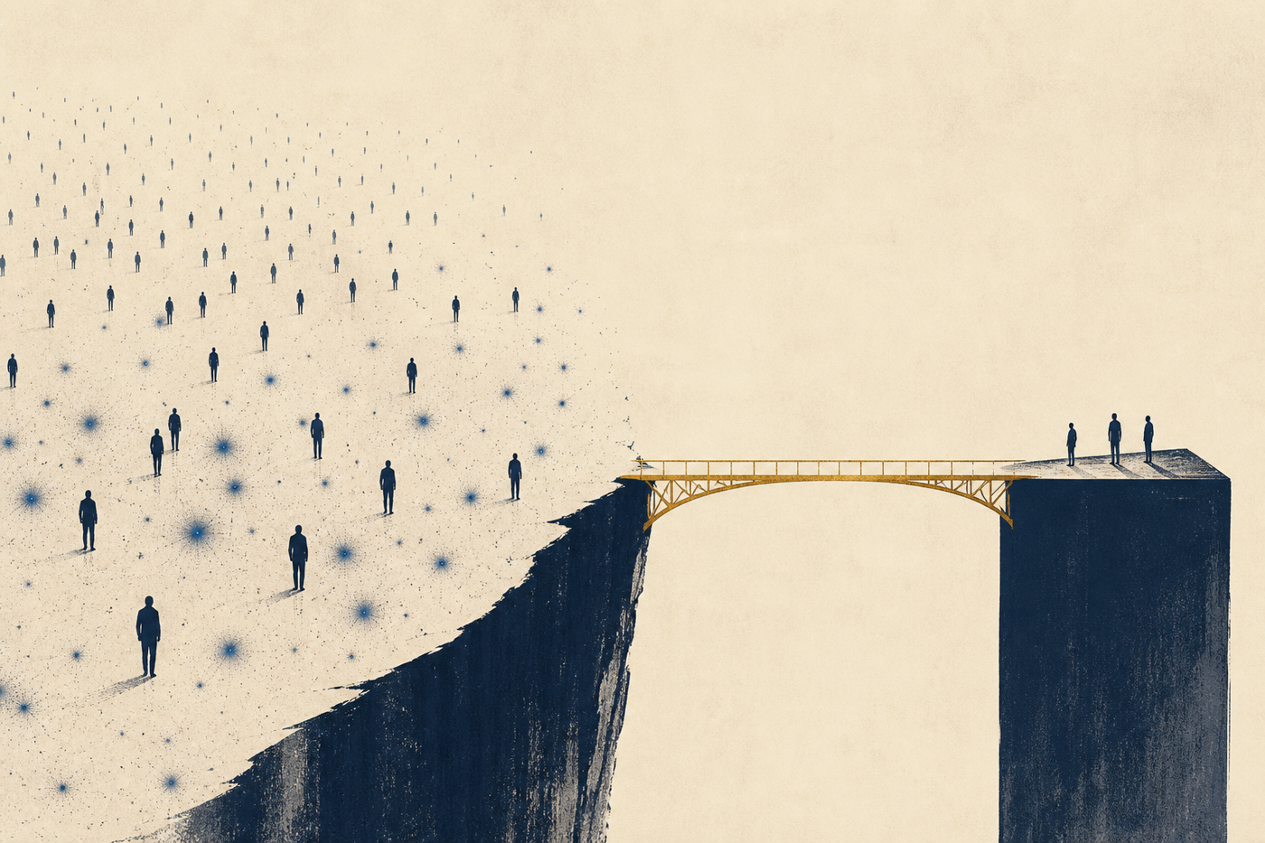 A narrow brass bridge of readiness crosses from a large field of potential to a small solid platform.