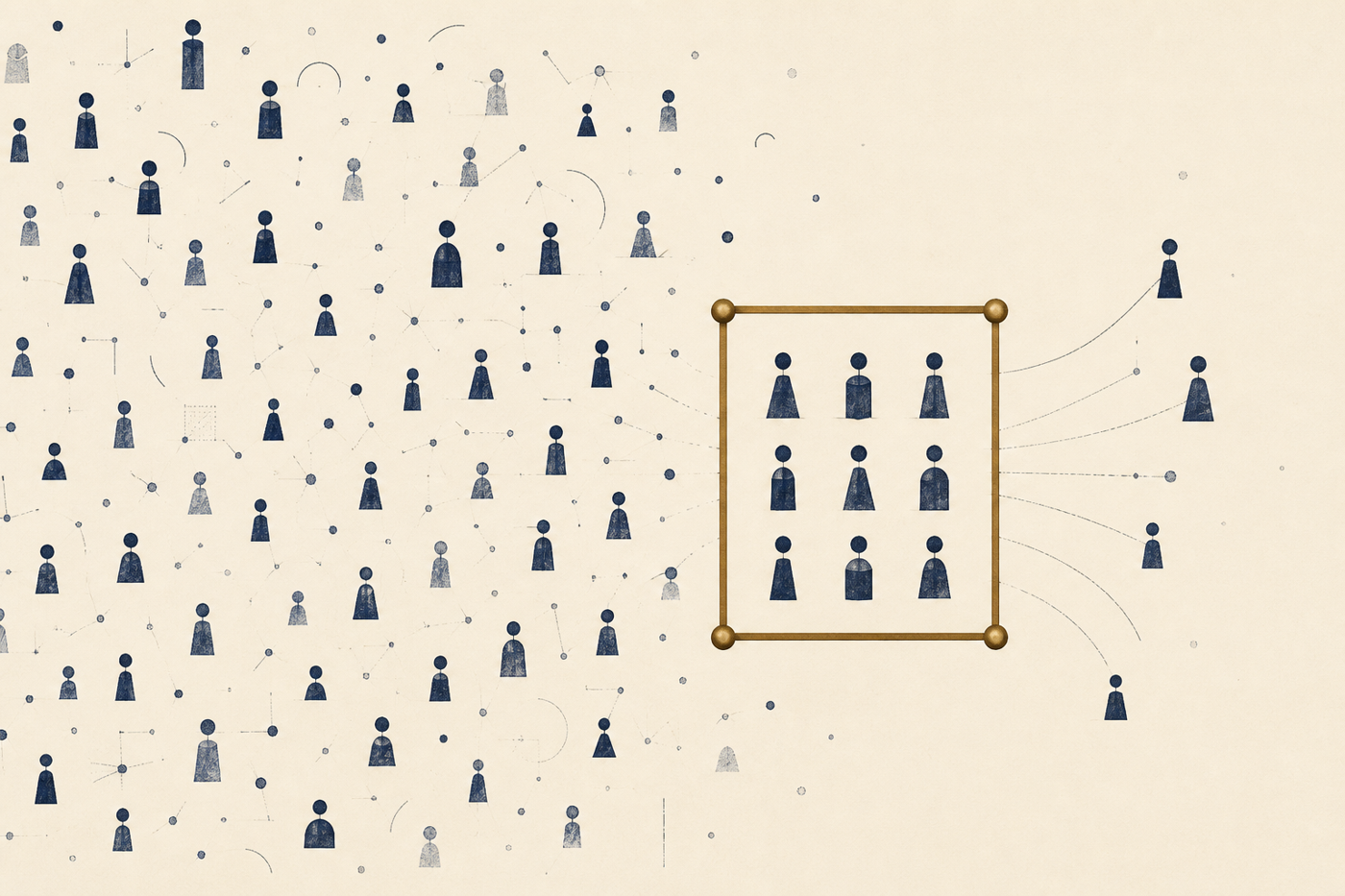 Many scattered agent paths meet a single governed operating boundary.